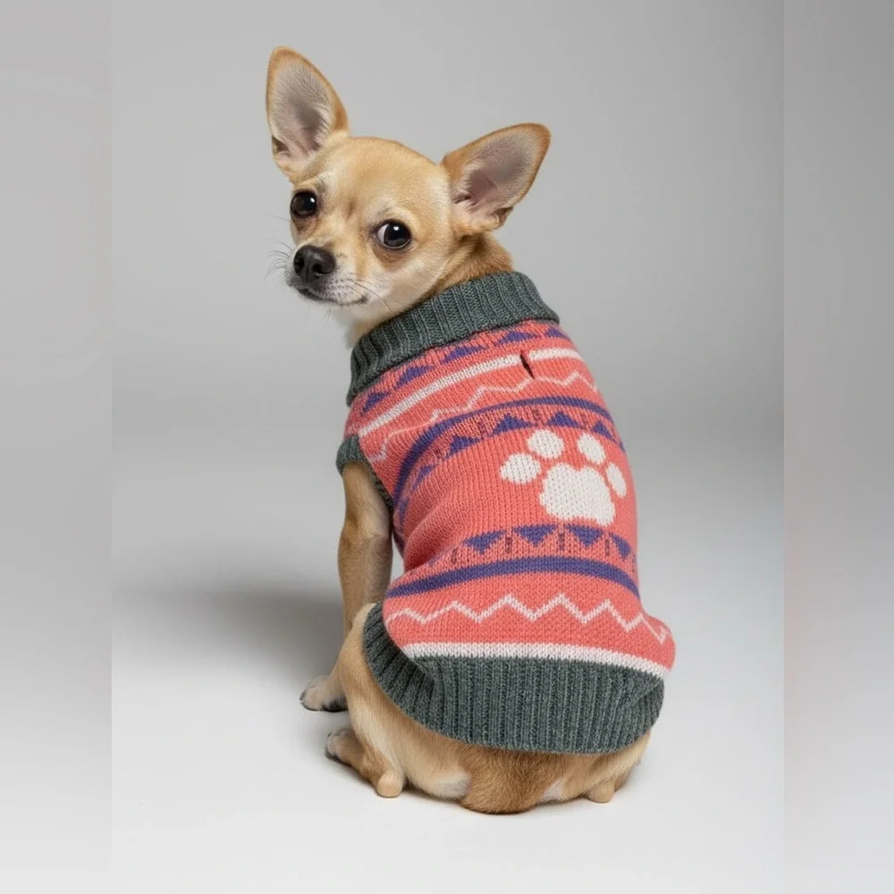 Pink and Gray Knit Dog Sweater with Paw Print